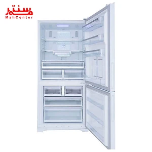 نمای از نزدیک و درب باز یخچال فریزر پایین هوم بار هیمالیا مدل امگا پلاس HRFN605hb - استیل
